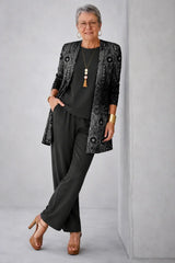 Annika | Black & Silver Paisley Cardigan & Pant Three-Piece Set