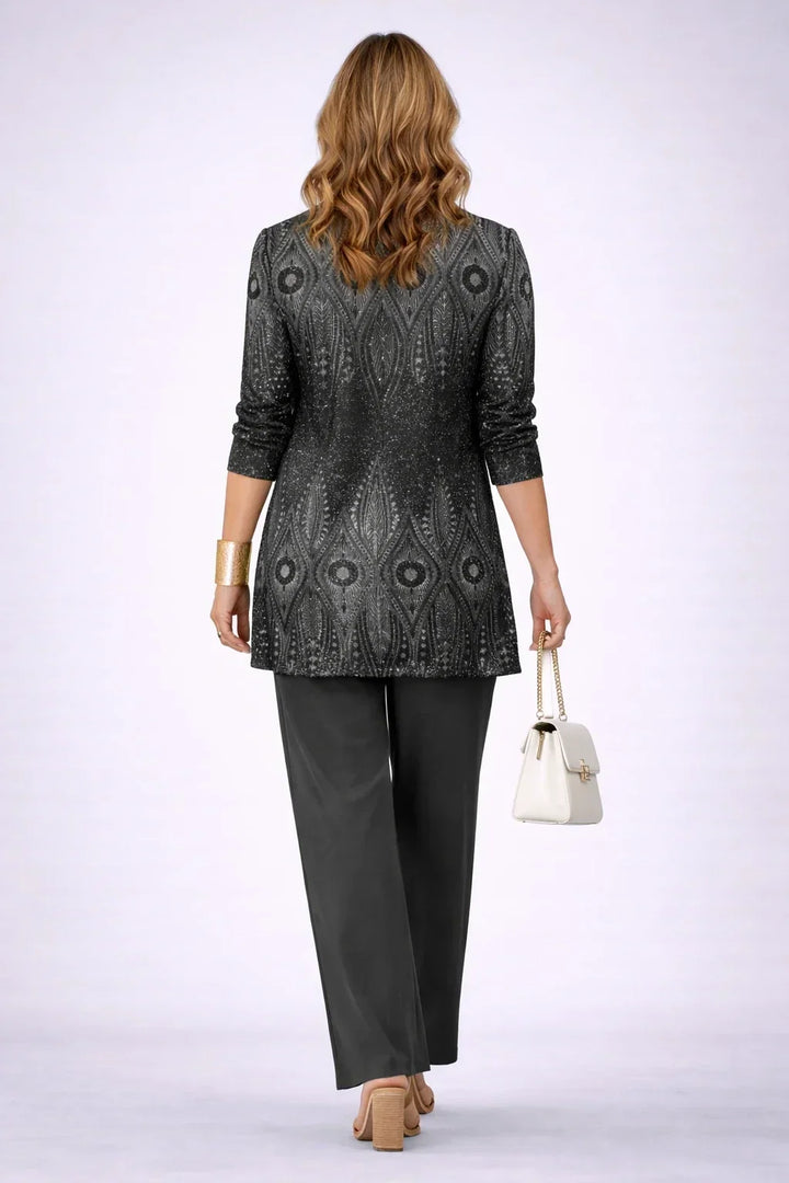 Annika black and silver paisley longline cardigan with black wide-leg trousers, back view