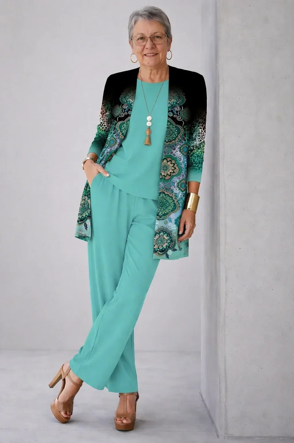 Cassandra turquoise round-neck top, wide-leg trousers and open black-to-turquoise mandala-print cardigan three-piece set