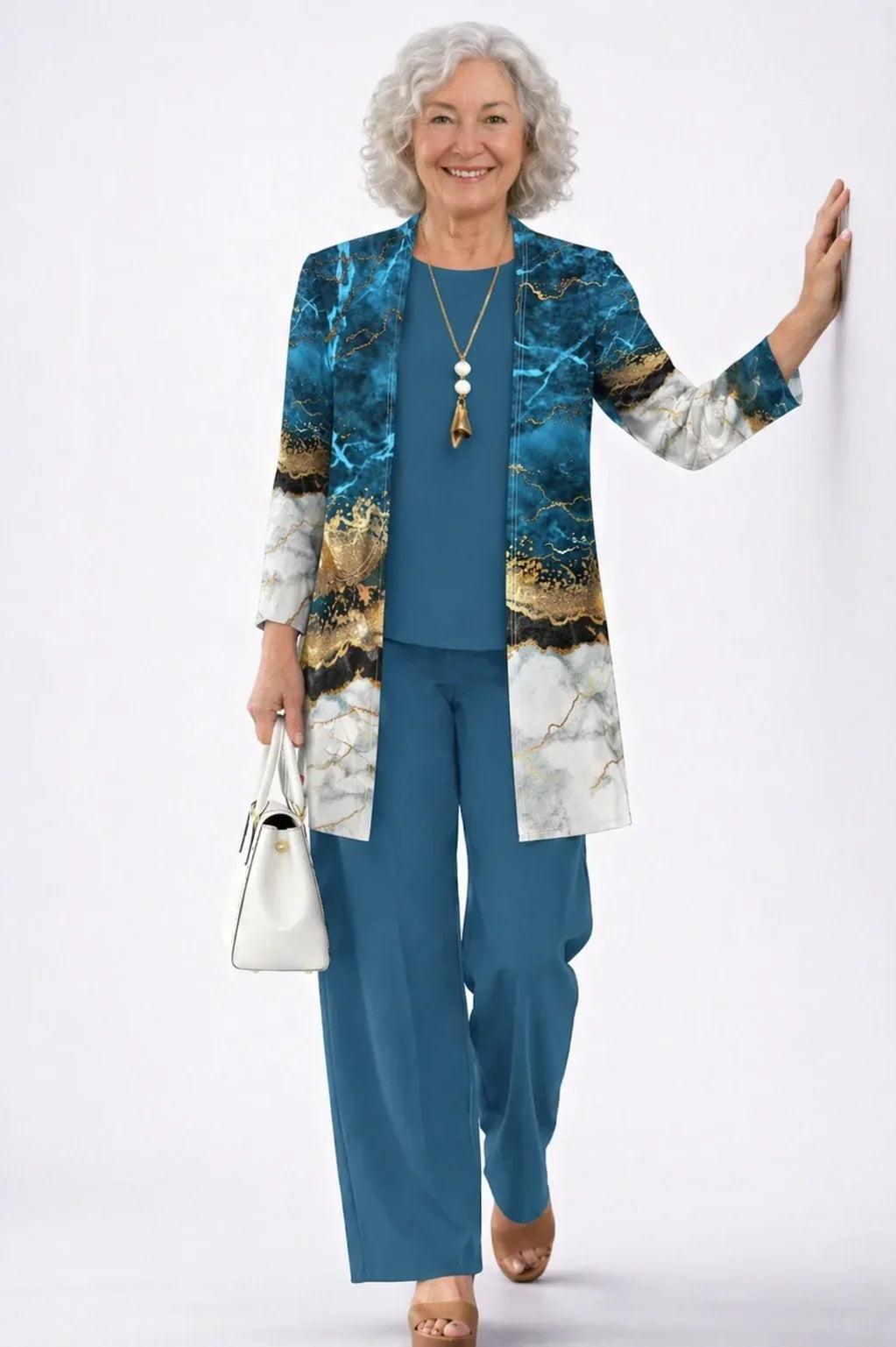 Juno teal blue round-neck top and wide-leg trousers with open teal, gold and white marble-print cardigan three-piece set