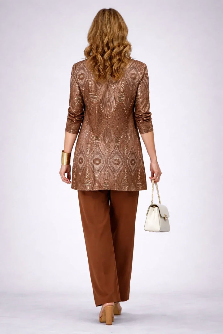 Lillian rust and bronze paisley longline cardigan with rust wide-leg trousers, back view