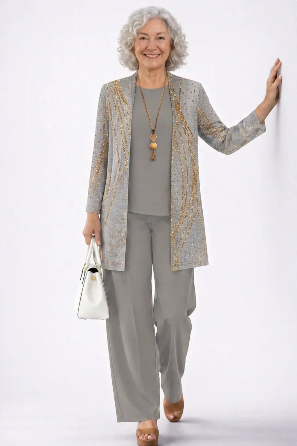 Azura dove grey three-piece set with gold-print open cardigan, plain round-neck top and wide-leg trousers