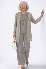 Azura | Dove Grey Gold-Print Cardigan & Pant Three-Piece Set