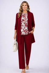 Holly | Burgundy Cardigan & Floral Top Three-Piece Set