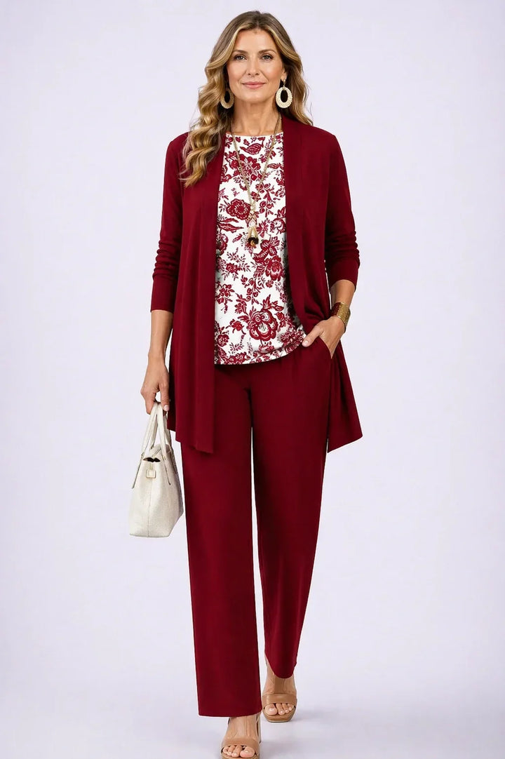 Holly burgundy open cardigan with cream floral top and straight-leg trousers three-piece set, front view