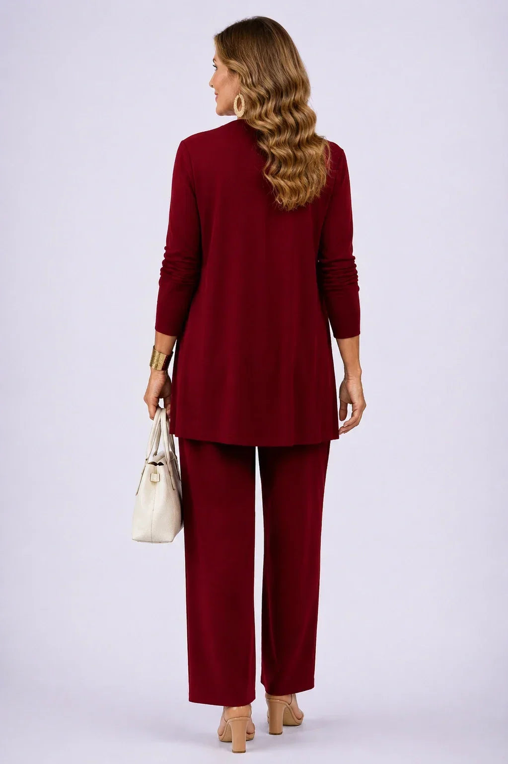 Holly burgundy three-piece set back view showing the long open cardigan and straight-leg trousers