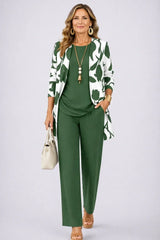 Verdana | Leaf-Print Cardigan & Bottle Green Pant Three-Piece Set