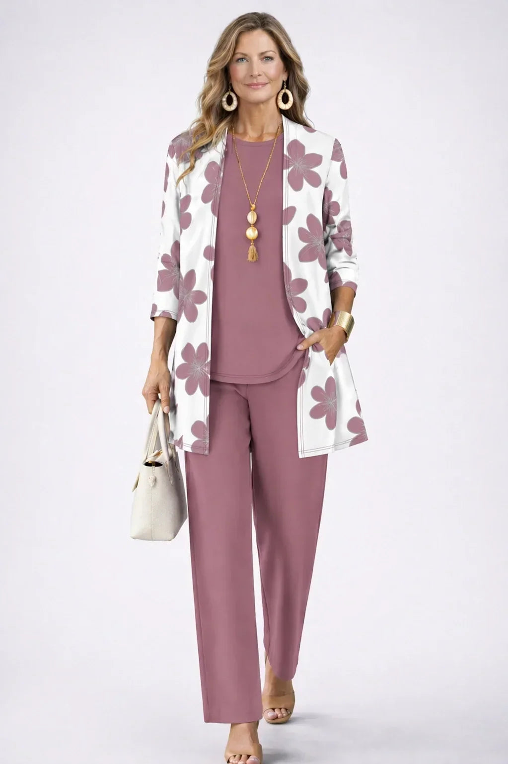 Marianne white floral open cardigan with dusty rose round-neck top and straight-leg trousers three-piece set