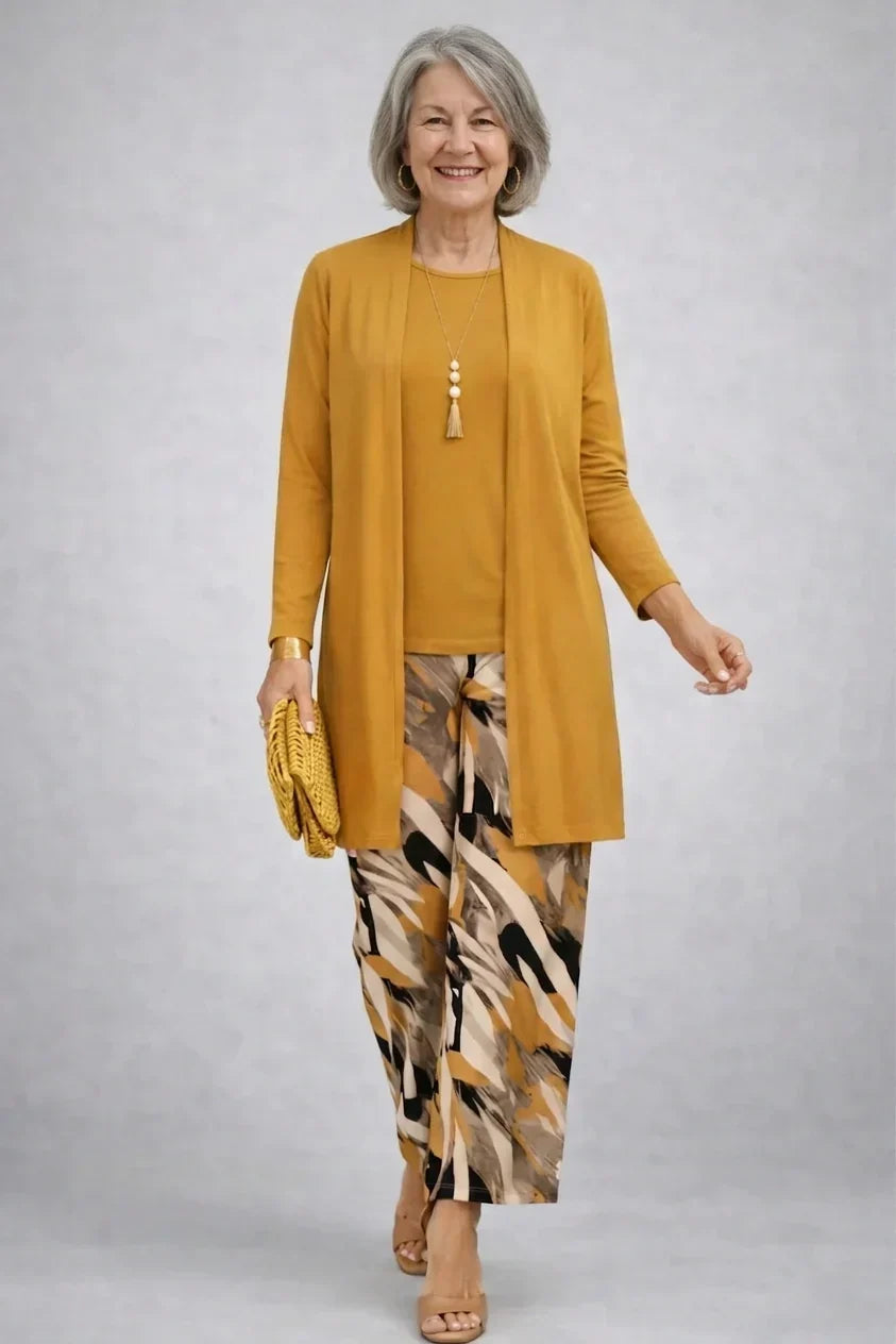 Honora mustard open cardigan, round-neck top and abstract-print wide-leg trousers three-piece set, front view