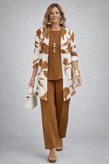 Henrietta | Leaf-Print Cardigan & Caramel Pant Three-Piece Set