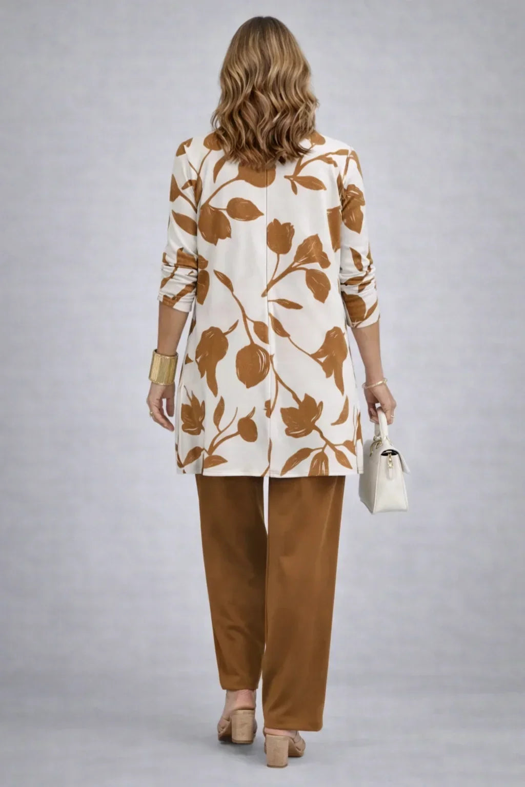 Henrietta caramel leaf-print longline cardigan and wide-leg trousers, back view