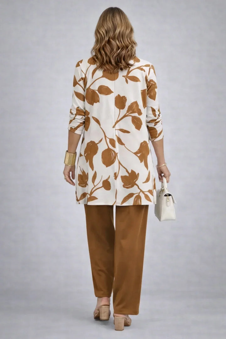 Henrietta caramel leaf-print longline cardigan and wide-leg trousers, back view