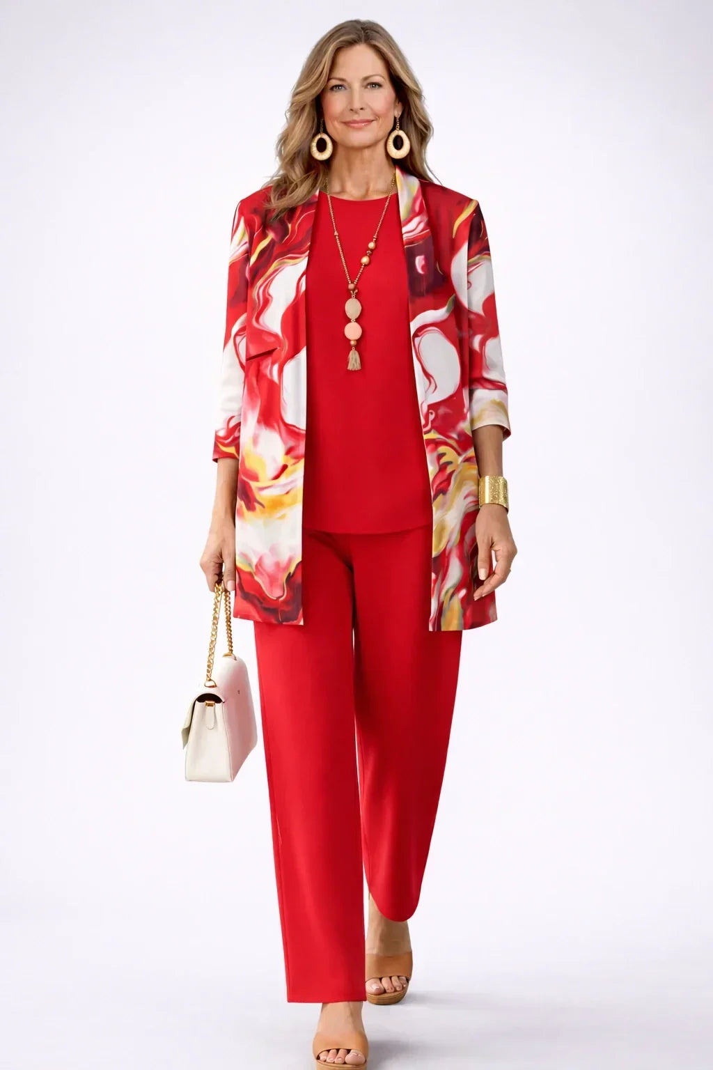 Theodora red swirl-print open cardigan with scarlet top and straight-leg trousers three-piece set, front view