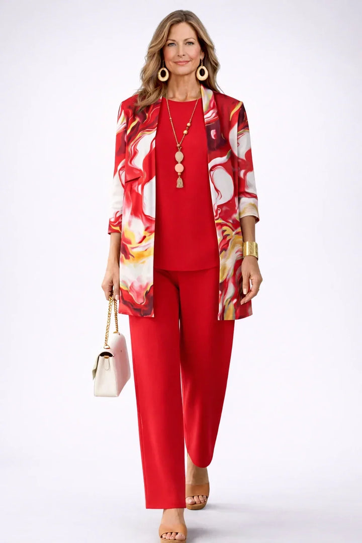 Theodora red swirl-print open cardigan with scarlet top and straight-leg trousers three-piece set, front view