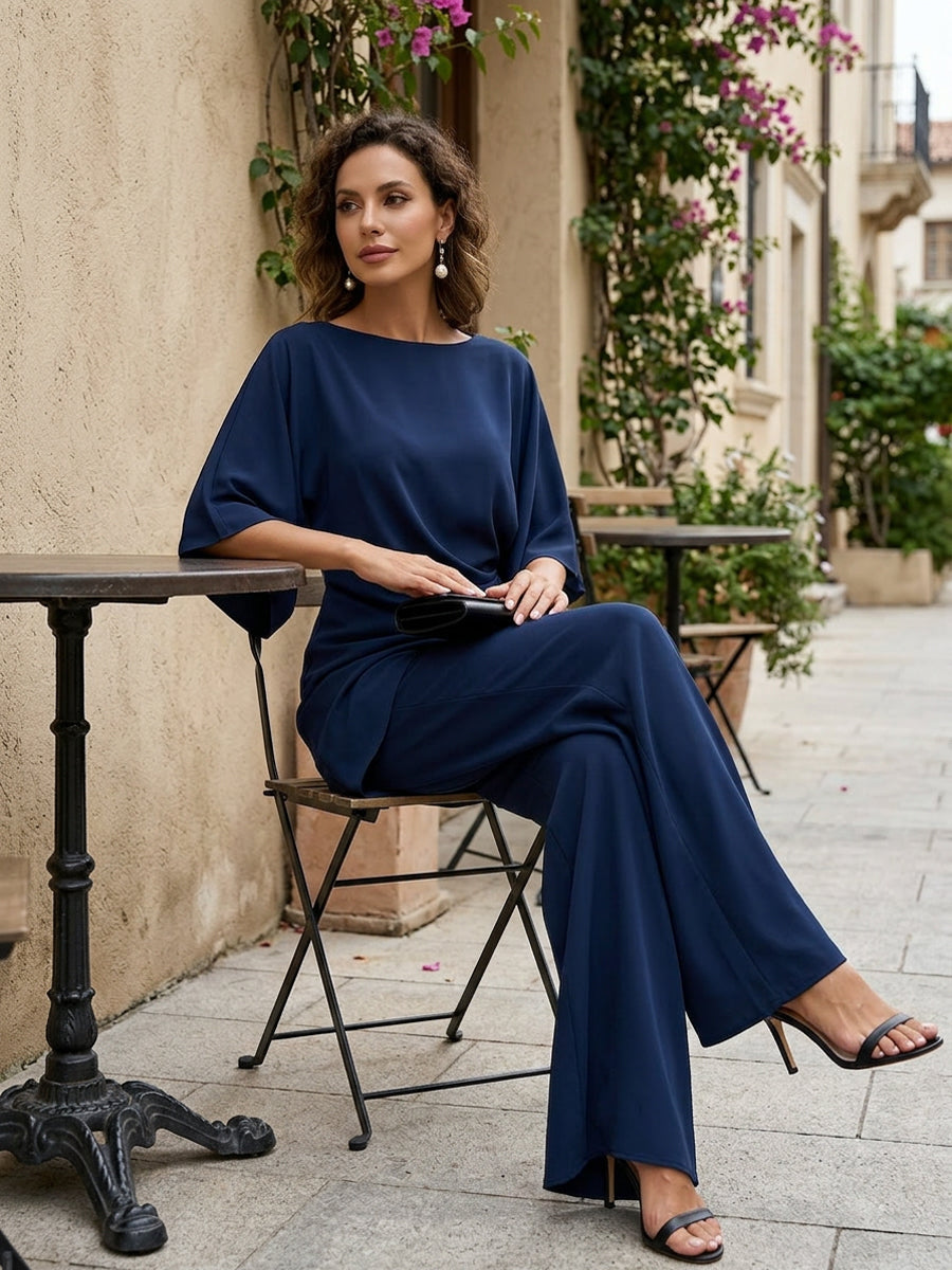 Lucretia two-piece set with boat neckline and elbow-length sleeves