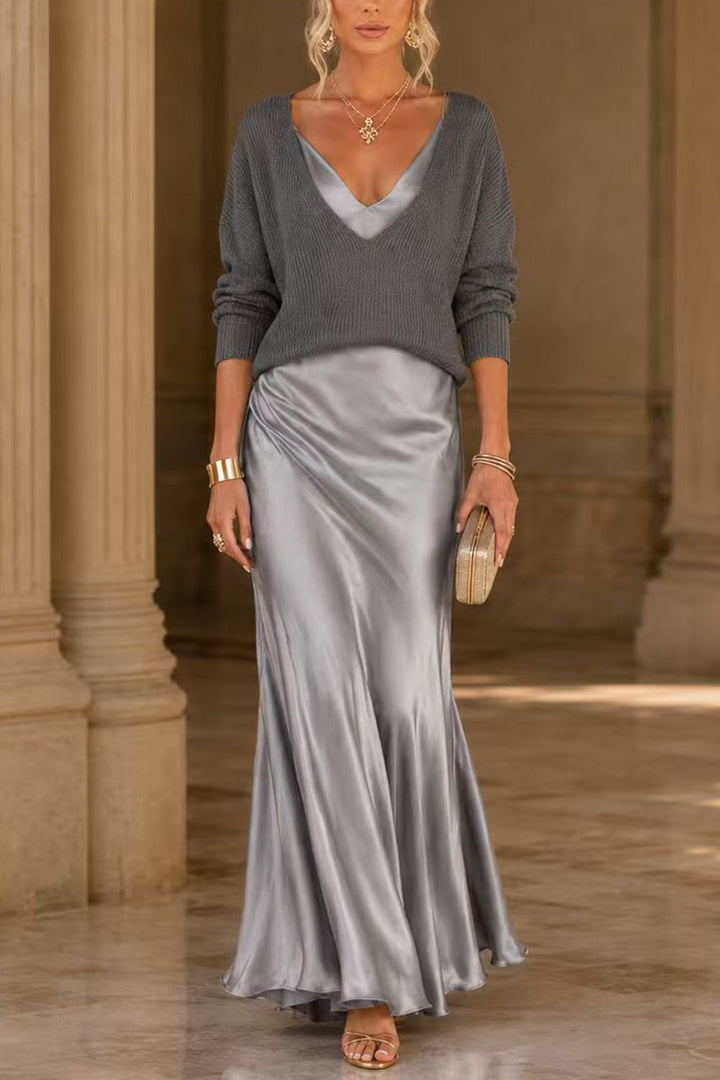 Jessa grey and silver V-neck knit sweater and satin maxi dress set, worn at a sunlit villa