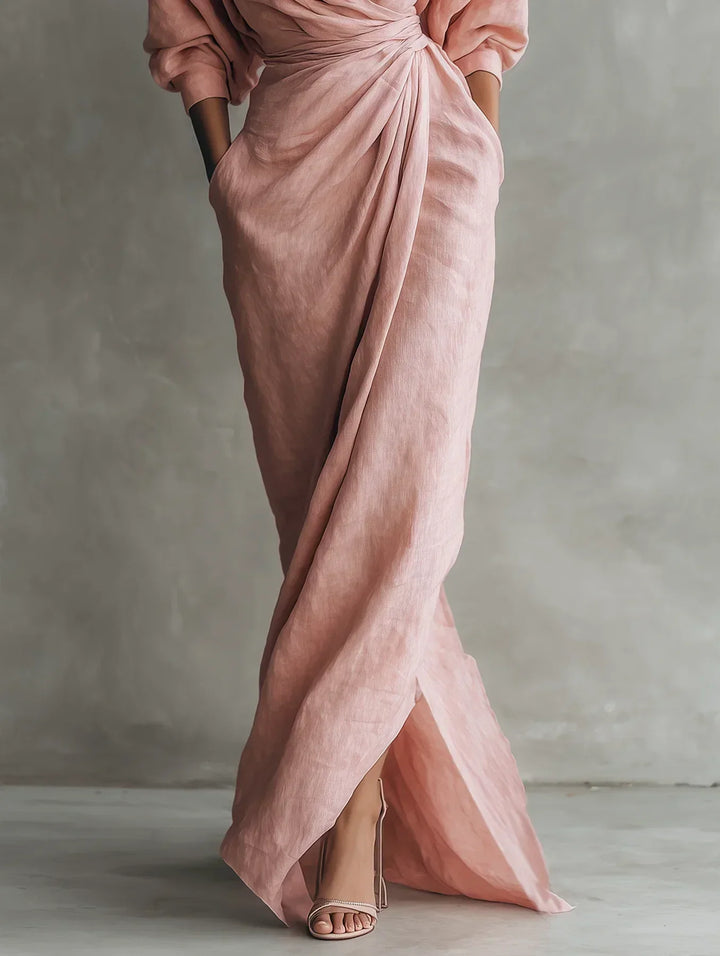 Ottavia wrap maxi dress in blush pink, detail of skirt and wrap opening