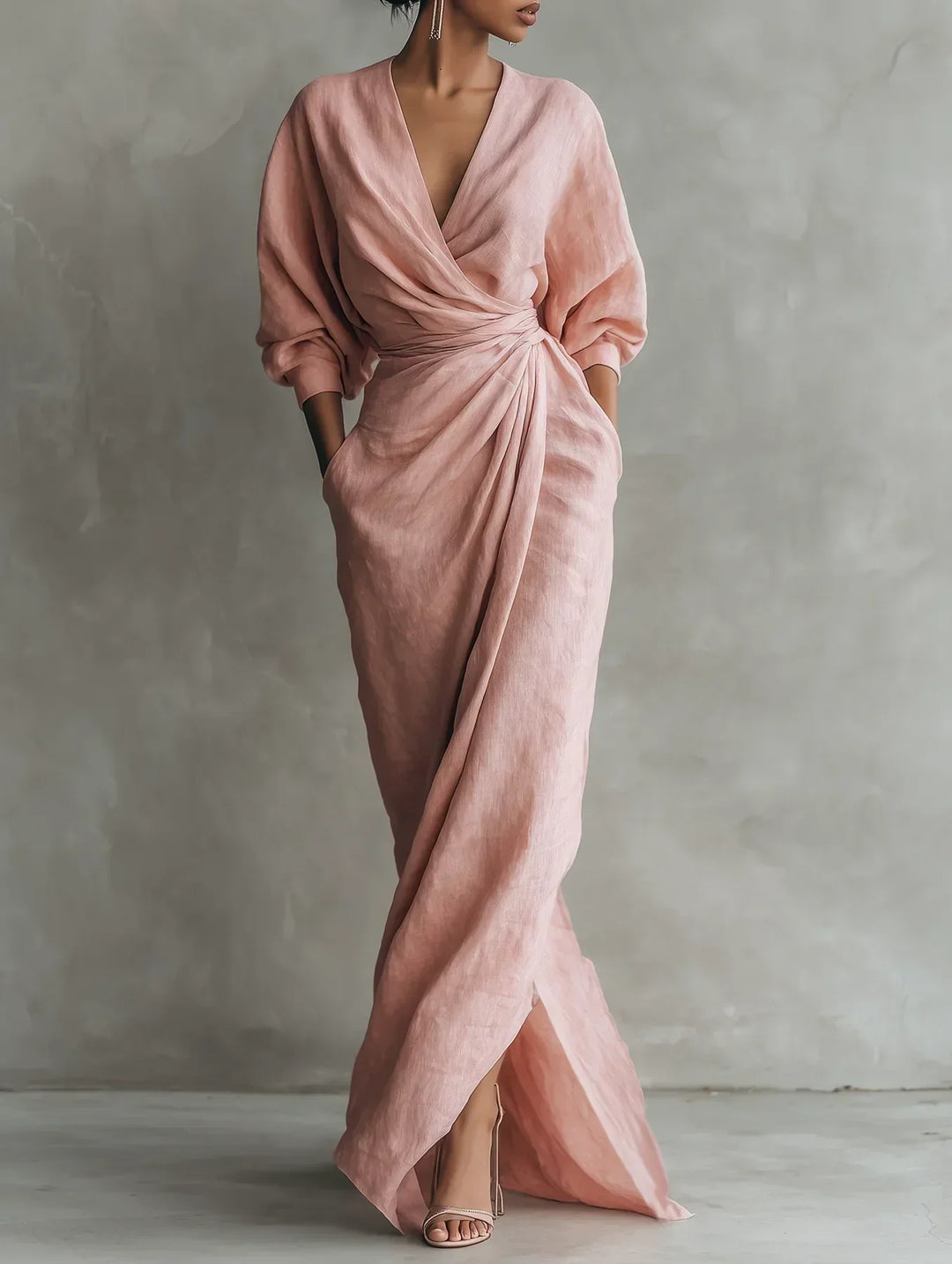 Ottavia V-neck wrap maxi dress in blush pink with draped waist and blouson sleeves