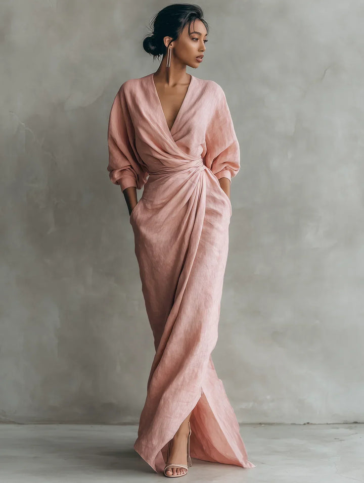 Ottavia wrap maxi dress in blush pink, side view