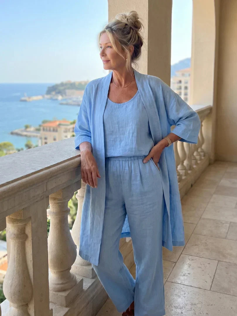 Lorrin three-piece cardigan and wide-leg pant set in light blue