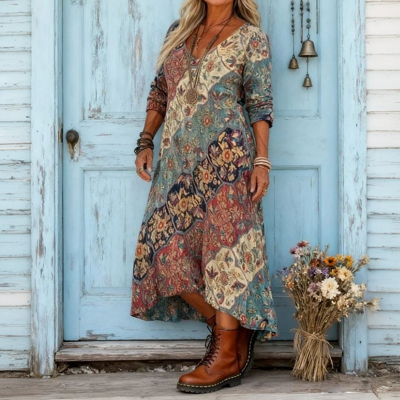 Fenella patchwork print maxi dress with high-low hem