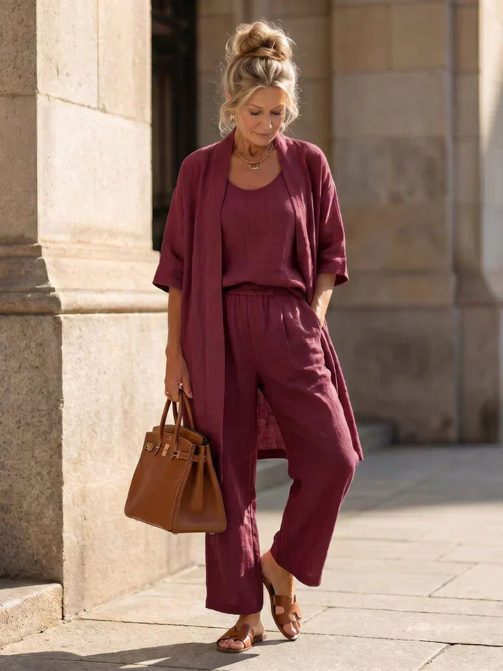 Lorrin three-piece set in wine red with long open cardigan, scoop-neck tank and wide-leg pants