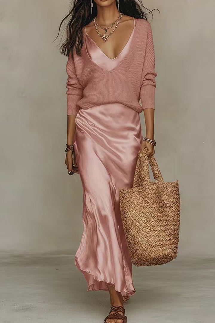 Jessa soft pink V-neck knit sweater and satin maxi dress set, worn with a woven tote bag