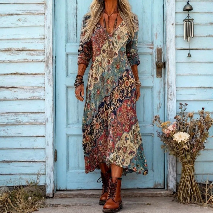 Fenella patchwork print maxi dress, front view with boots