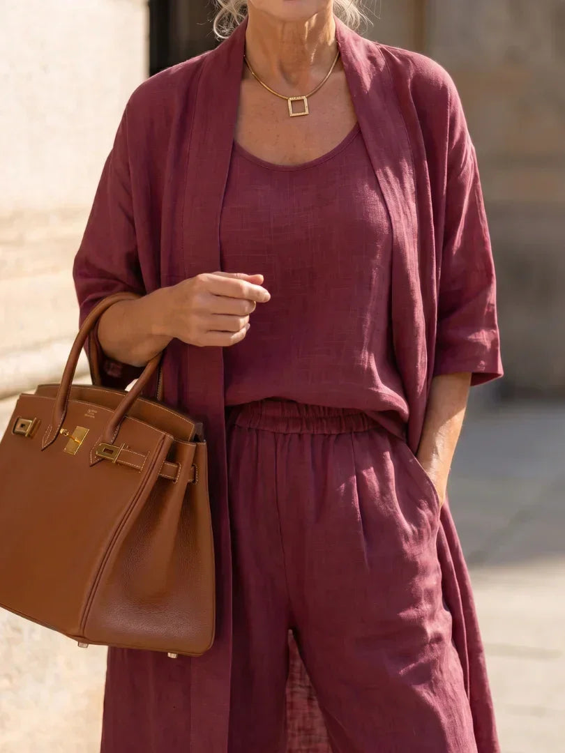 Lorrin three-piece cardigan and wide-leg pant set in wine red