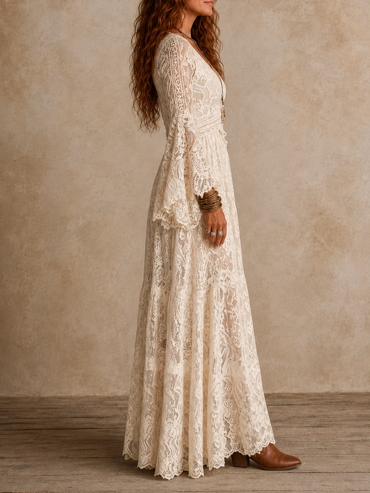 Emily | Ivory Lace Bell-Sleeve V-Neck Maxi Dress – Wattle & Reed