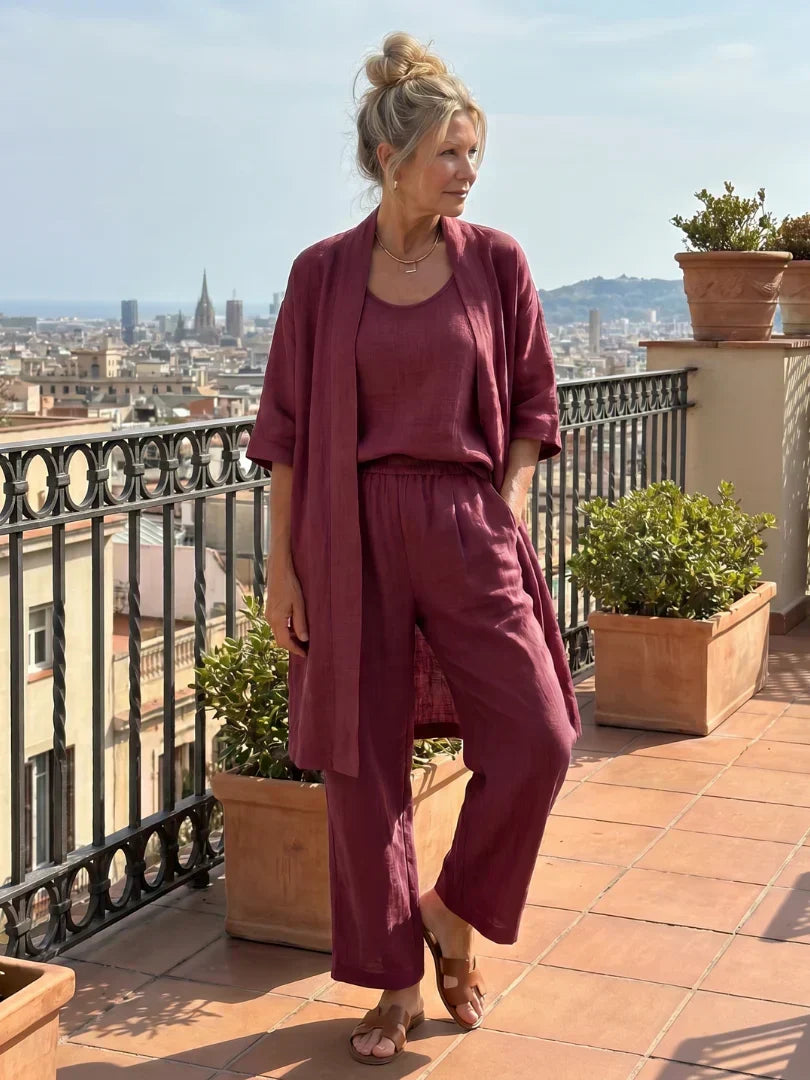 Lorrin three-piece cardigan and wide-leg pant set in wine red