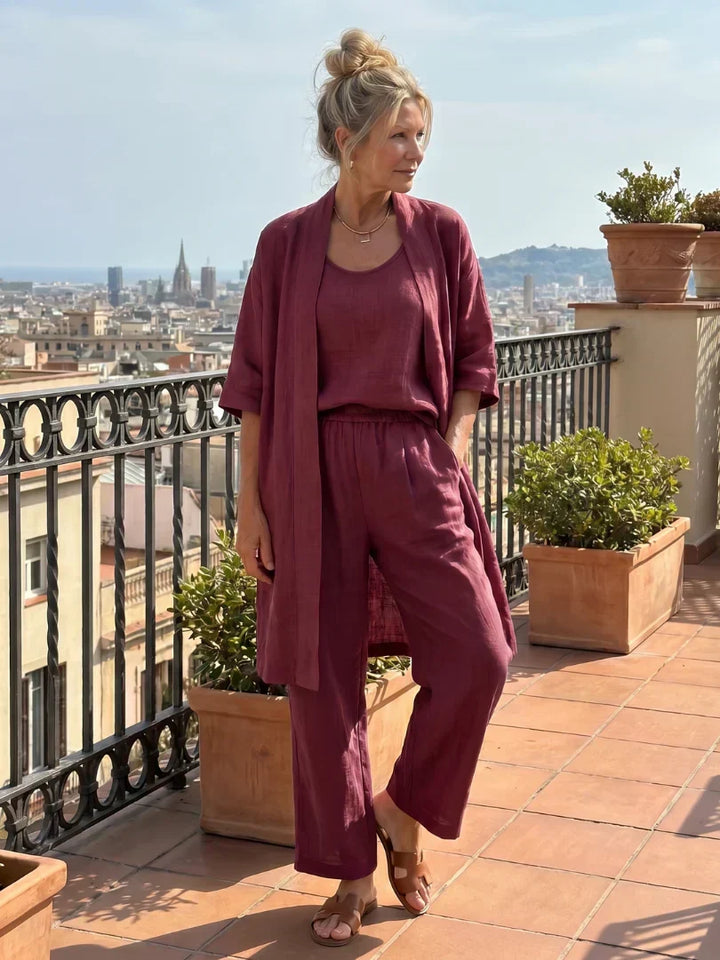 Lorrin three-piece cardigan and wide-leg pant set in wine red