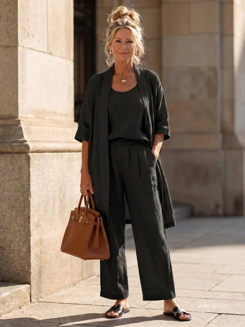 Lorrin three-piece set in black with long open cardigan, scoop-neck tank and wide-leg pants