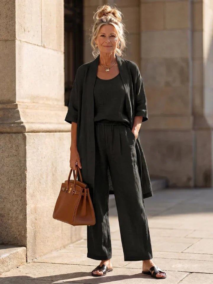 Lorrin three-piece set in black with long open cardigan, scoop-neck tank and wide-leg pants