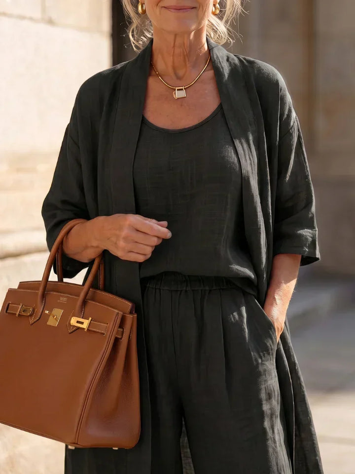 Lorrin three-piece cardigan and wide-leg pant set in black