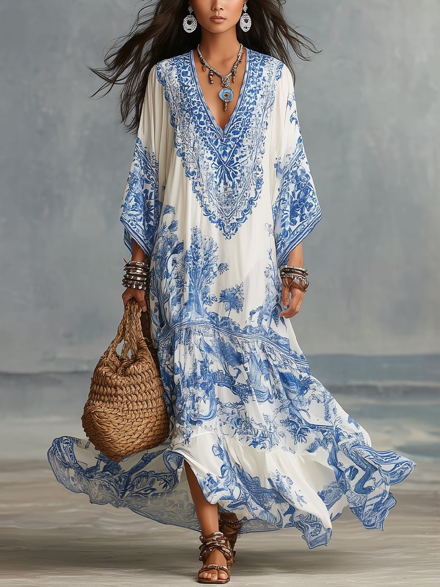 Thalia white kaftan maxi dress with blue porcelain print, V-neck and wide sleeves, front view