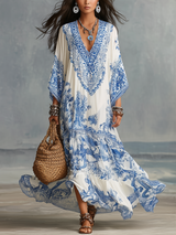 Thalia | Blue Porcelain Print Kaftan Maxi Dress