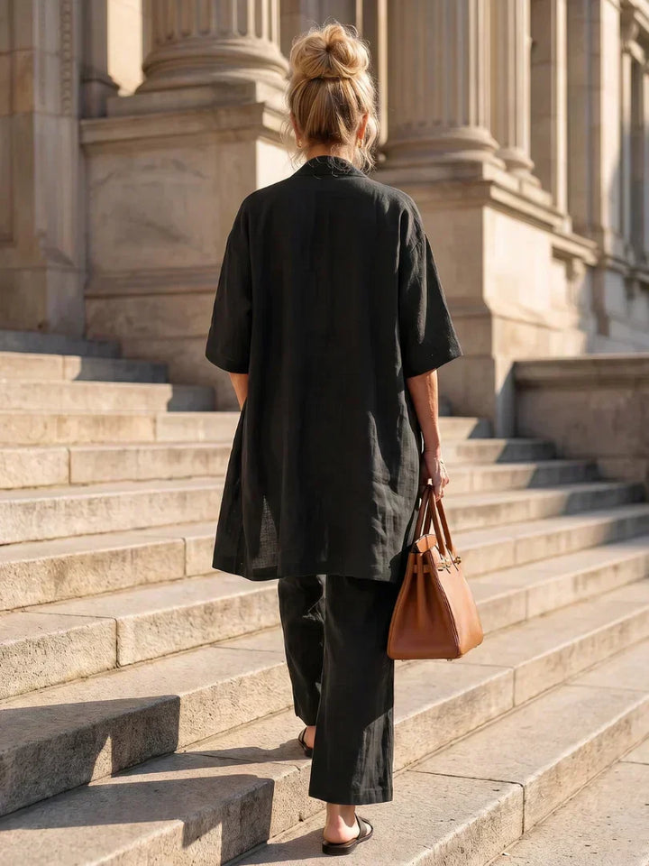Lorrin three-piece cardigan and wide-leg pant set in black