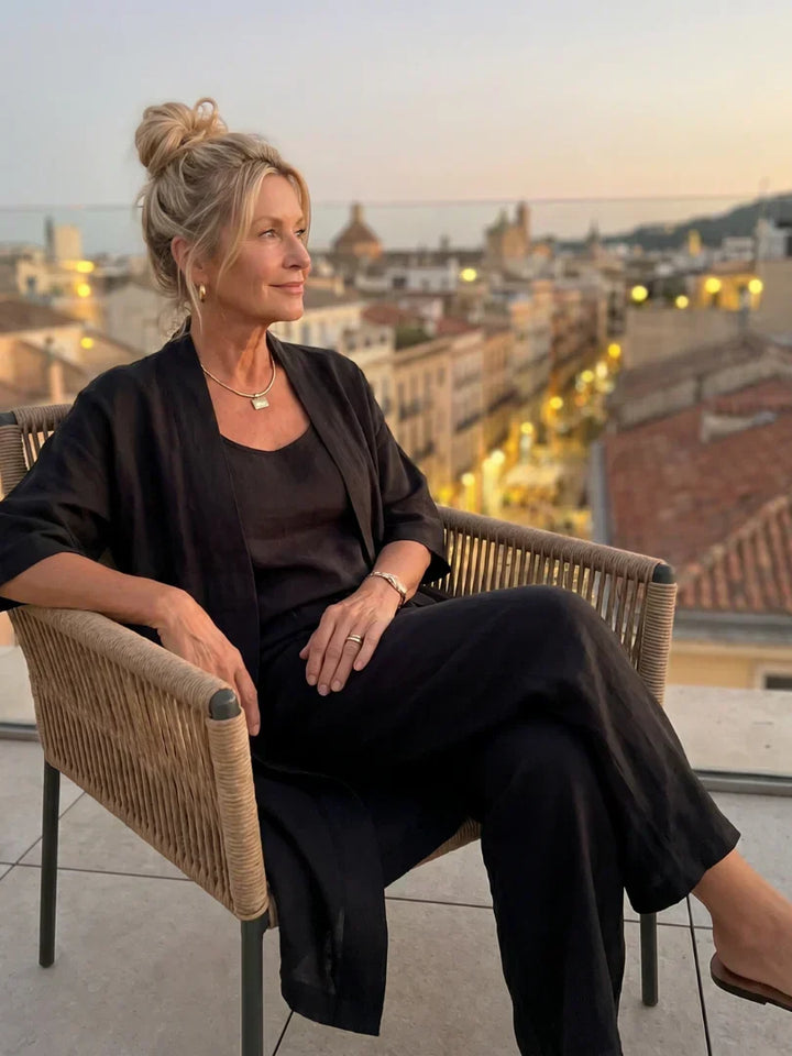 Lorrin three-piece cardigan and wide-leg pant set in black