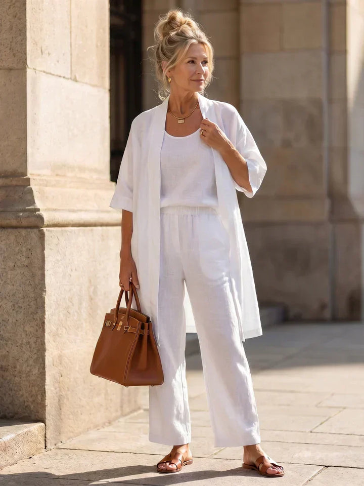 Lorrin three-piece cardigan and wide-leg pant set in white