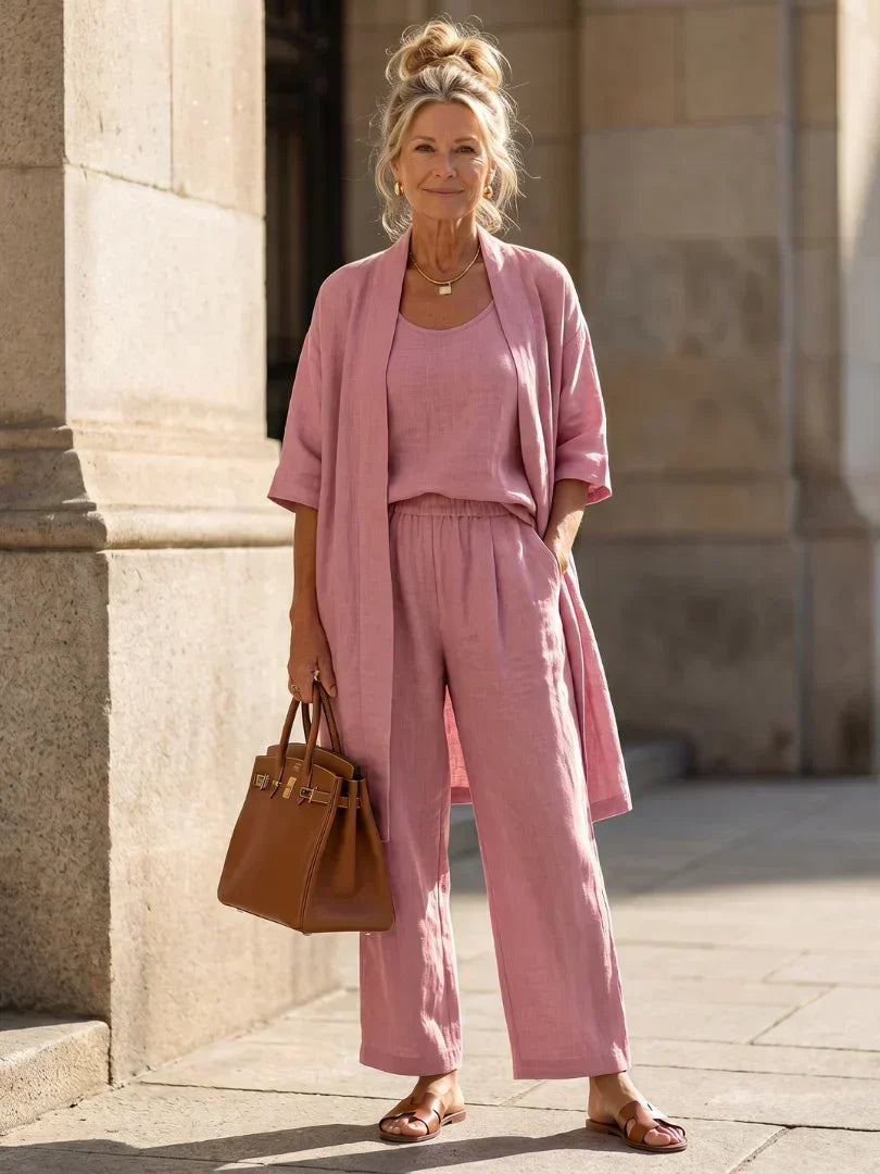 Lorrin three-piece set in pink with long open cardigan, scoop-neck tank and wide-leg pants