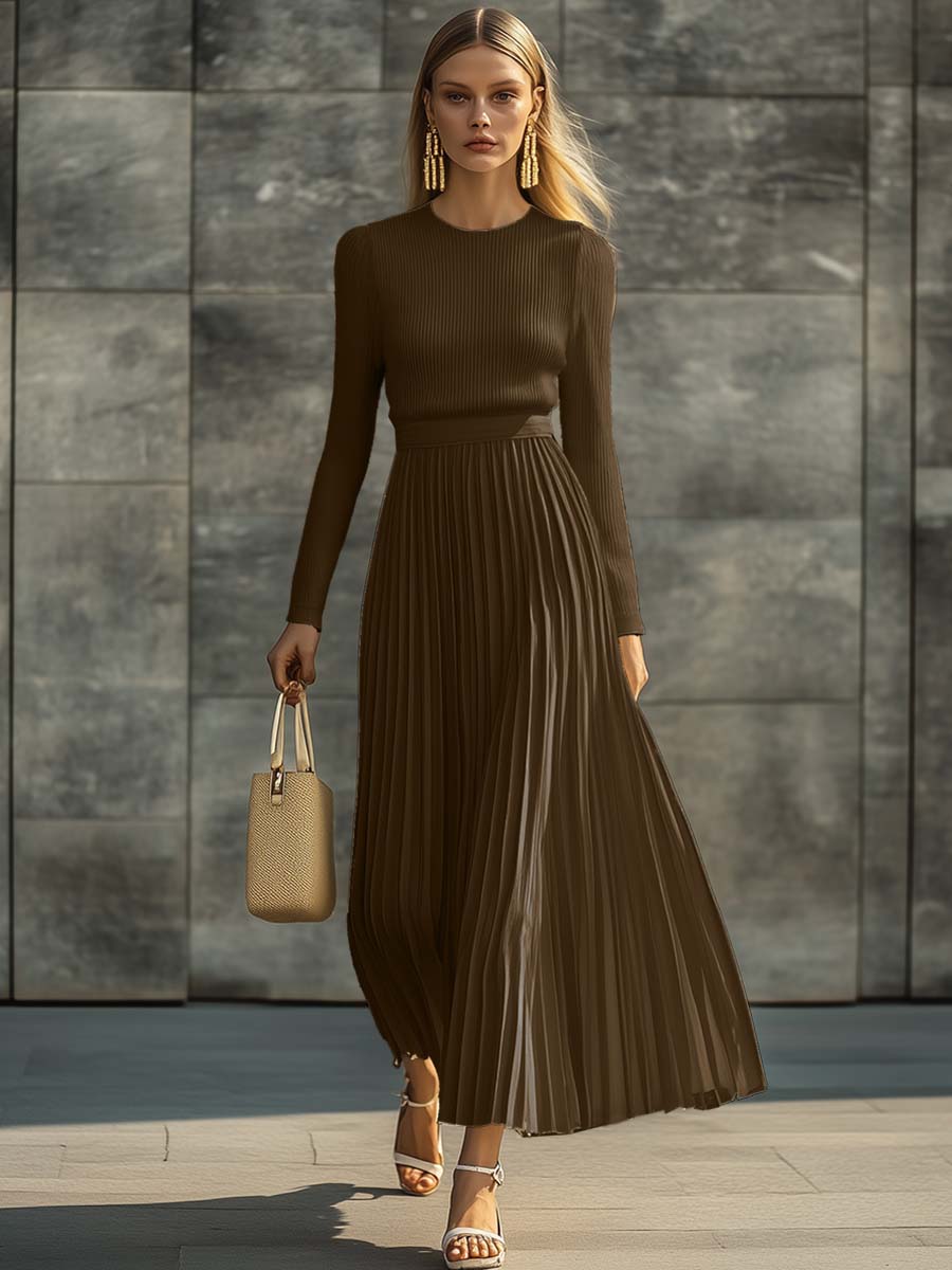 Charlotte chocolate brown ribbed knit top and pleated skirt set, front view