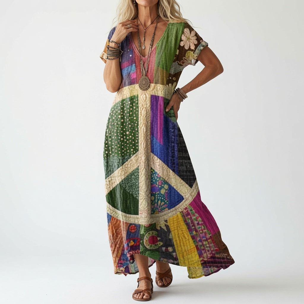 Elisoria flowing V-neck midi dress in a multicolour patchwork print with peace sign