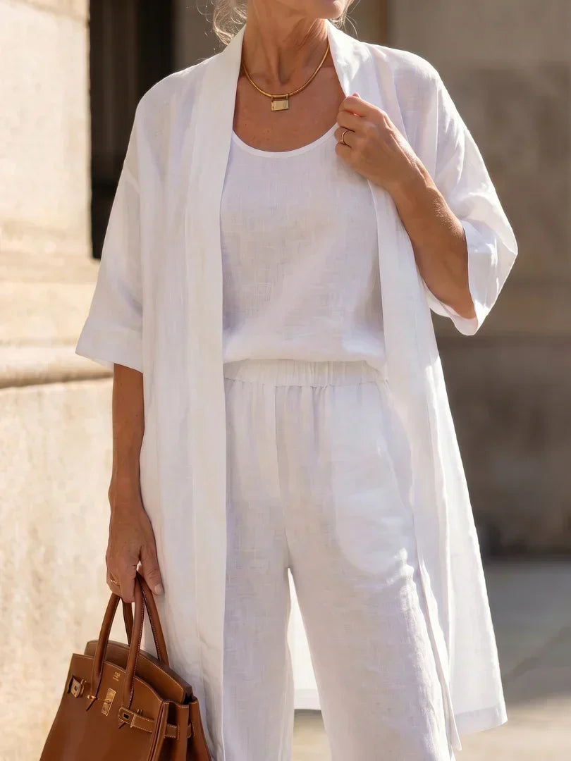Lorrin three-piece cardigan and wide-leg pant set in white