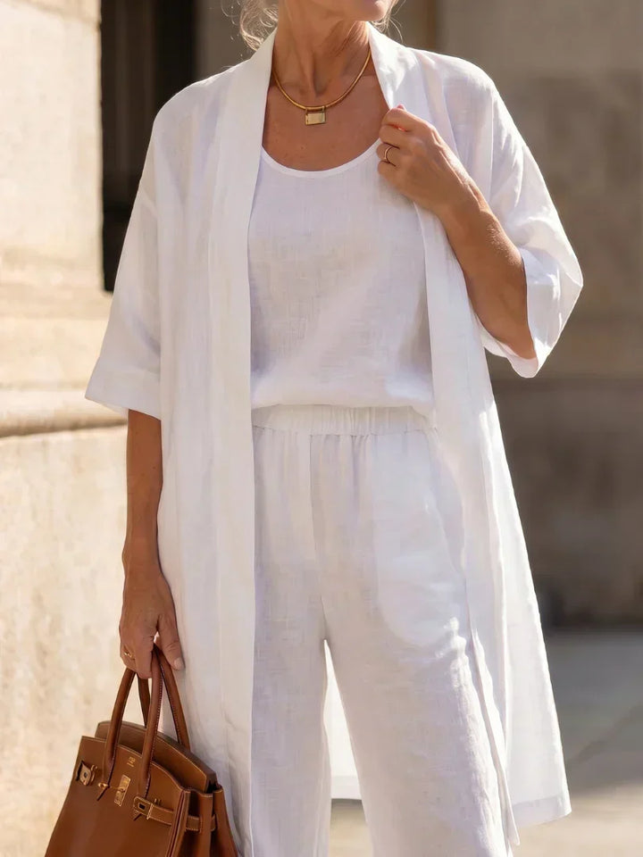 Lorrin three-piece cardigan and wide-leg pant set in white