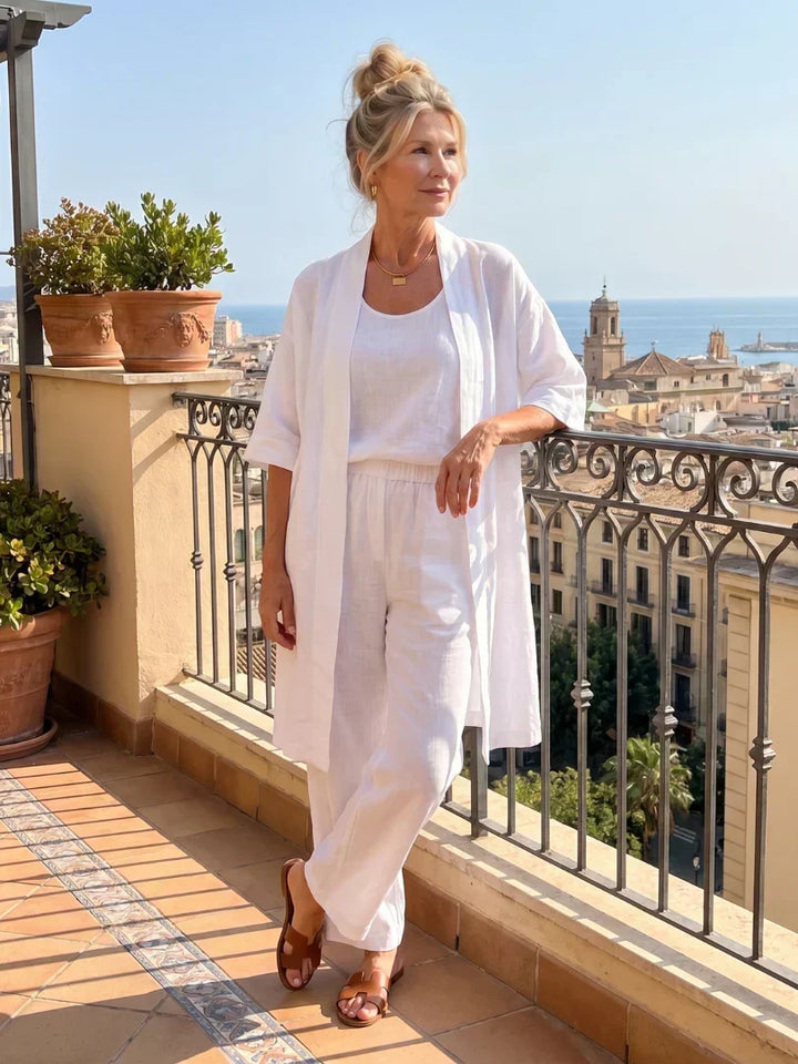 Lorrin three-piece cardigan and wide-leg pant set in white