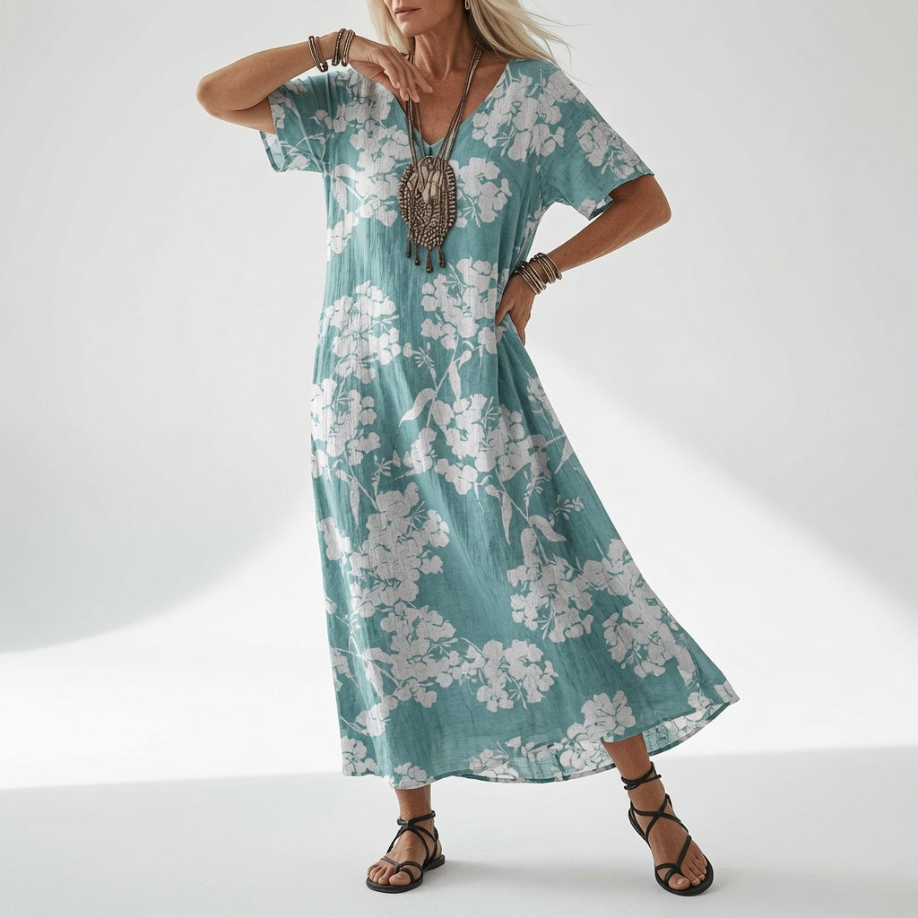 Elisoria flowing V-neck midi dress in aqua with white blossom print