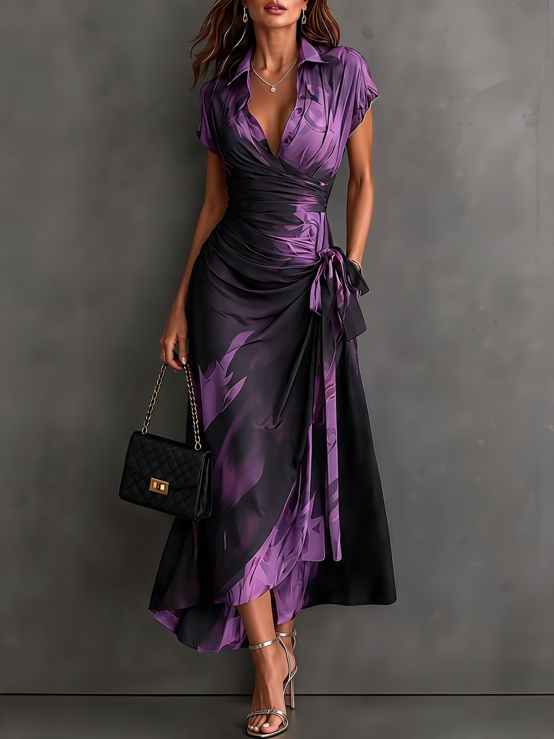 Saffron abstract print collared wrap maxi dress in purple and black, with tie waist and ruffled high-low hem