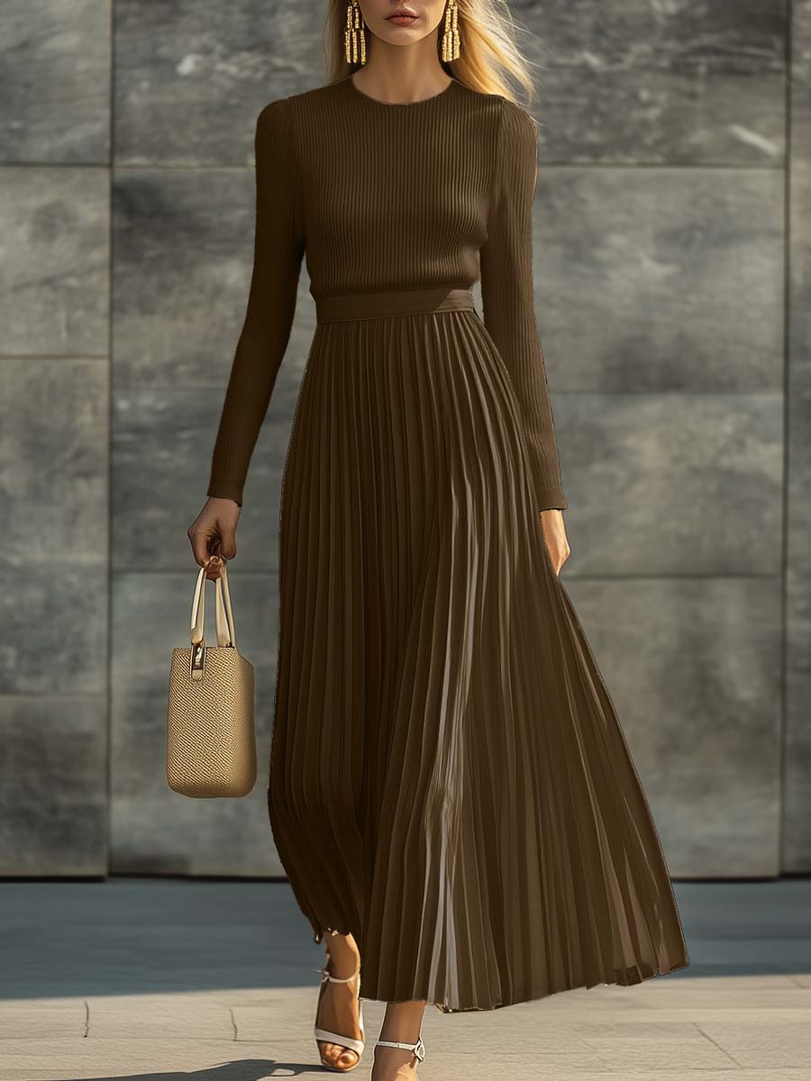 Charlotte chocolate brown ribbed knit top and pleated skirt set, walking