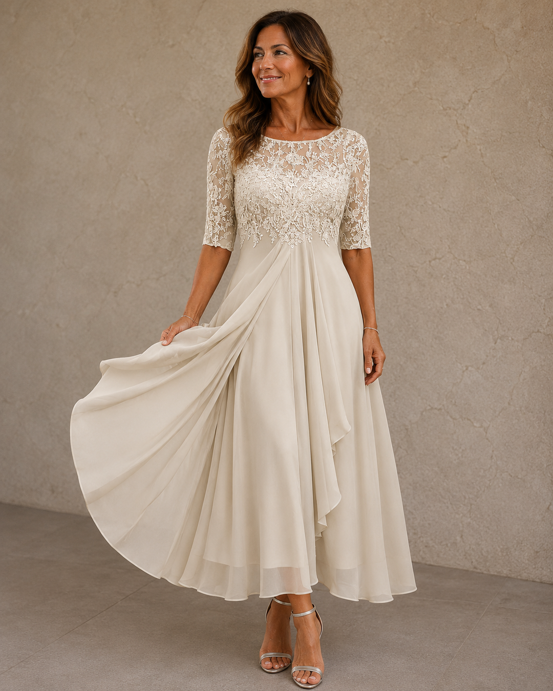 ELEONORA | Lace & Chiffon Midi Dress